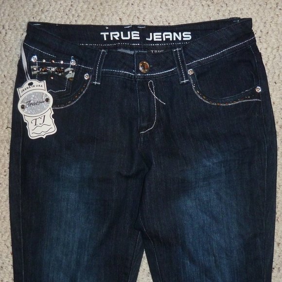 TRUE JEANS Dark Wash Denim, Straight Leg, Embellished, Rhinestones, Size 9 NWT - Picture 3 of 13